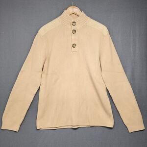 Banana Republic Sweater Men XL Beige Shoulder Elbow Patches Henley Fisherman
